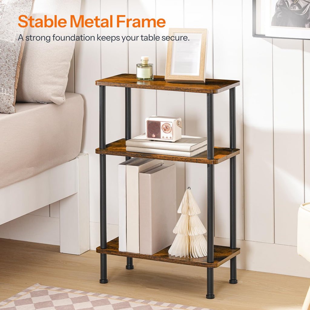 HOOBRO Narrow Side Table, 3-Tier Slim End Table No Tools Needed, Twist-On Assembly, Skinny Nightstand Sofa Storage Shelf for Living Room, Bedroom, Study, Rustic Brown and Black BF246BZ01N1