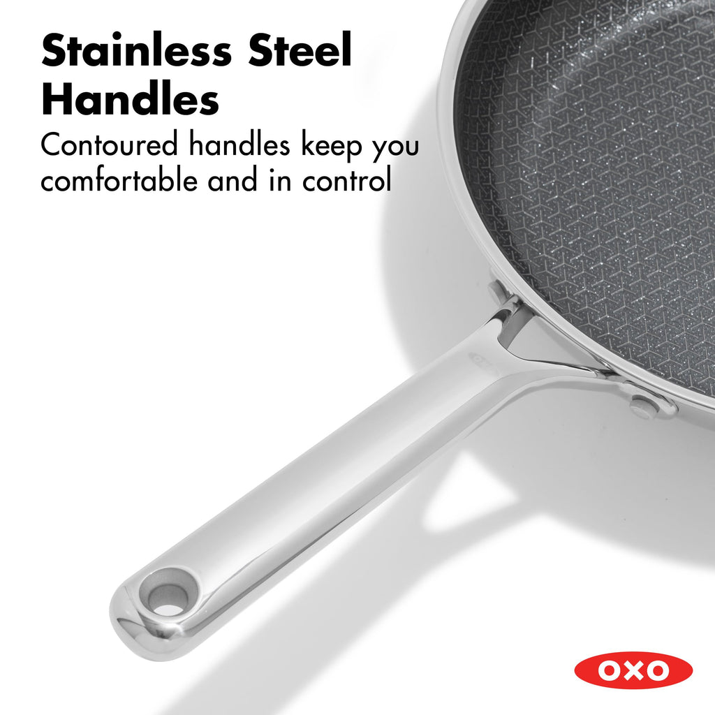 OXO Hybrid 12” Nonstick Stainless Steel Frying Pan, PFAS-Free Ceramic Skillet, Fusion Boost Tech for Powerful Searing, Induction & All Cooktop Compatible, Dishwasher Safe, Mirror Polished Tri-Ply