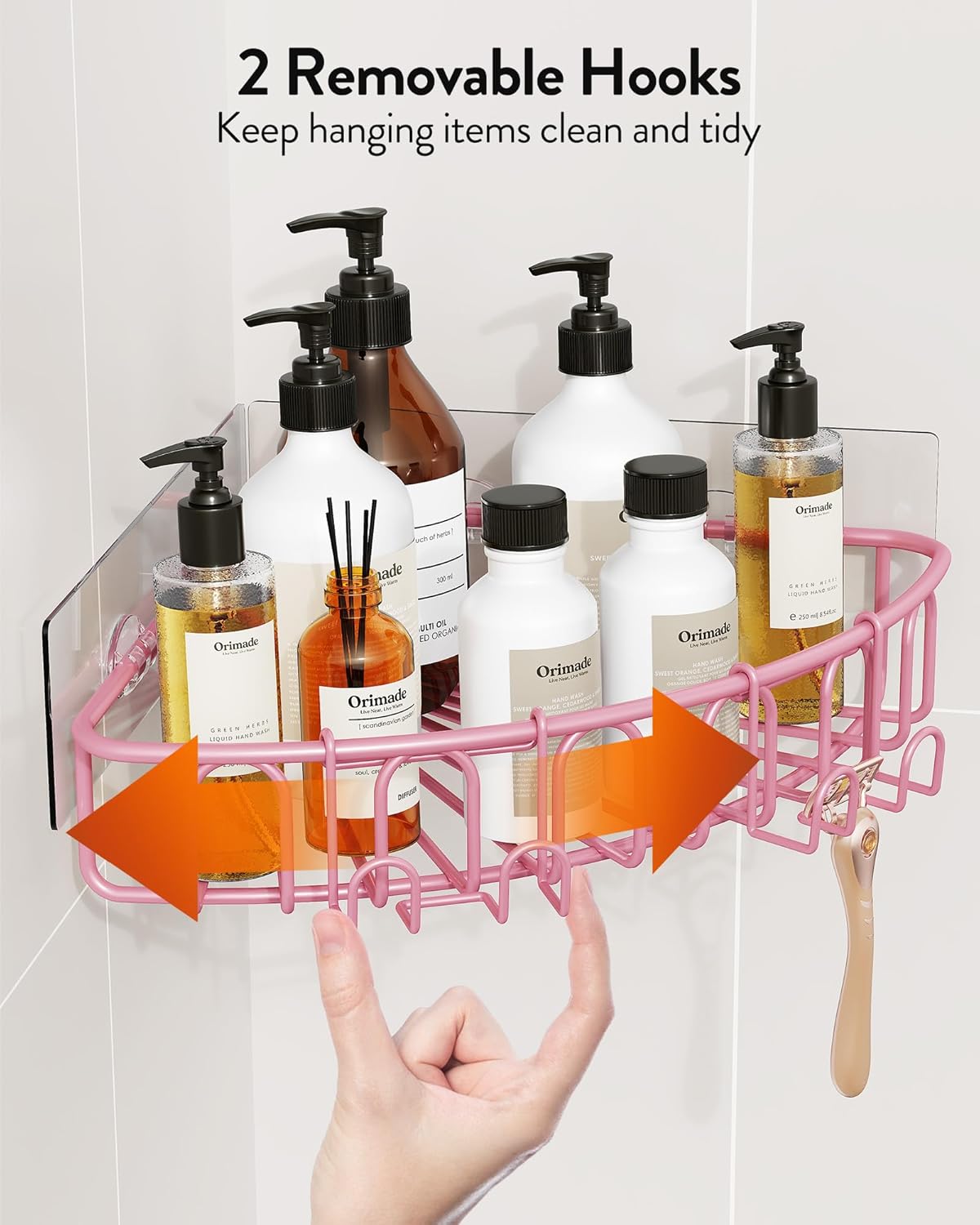 Orimade Corner Shower Caddy - Wall Mounted Metal Bathroom Shelf Organizer | No Drilling, 2 Hooks, Pink, 90-Degree Corner