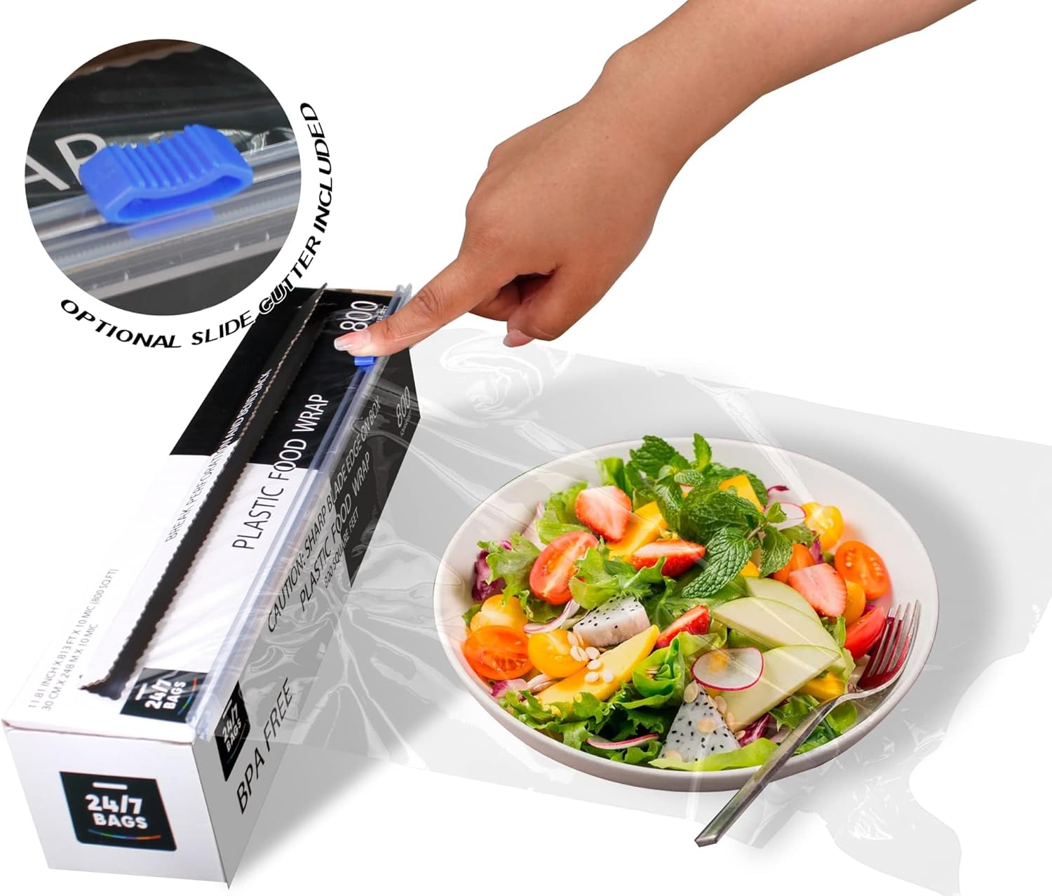 Plastic Food Wrap | 800 SQ. FT. BPA-Free with Optional Slide Cutter - Extra Cling, No Mess, Clear