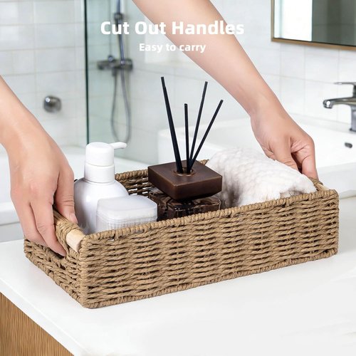CubesLand Back of Toilet Storage Basket - Handwoven Wicker Organizer with Cut-Out Handle | Neutral Color