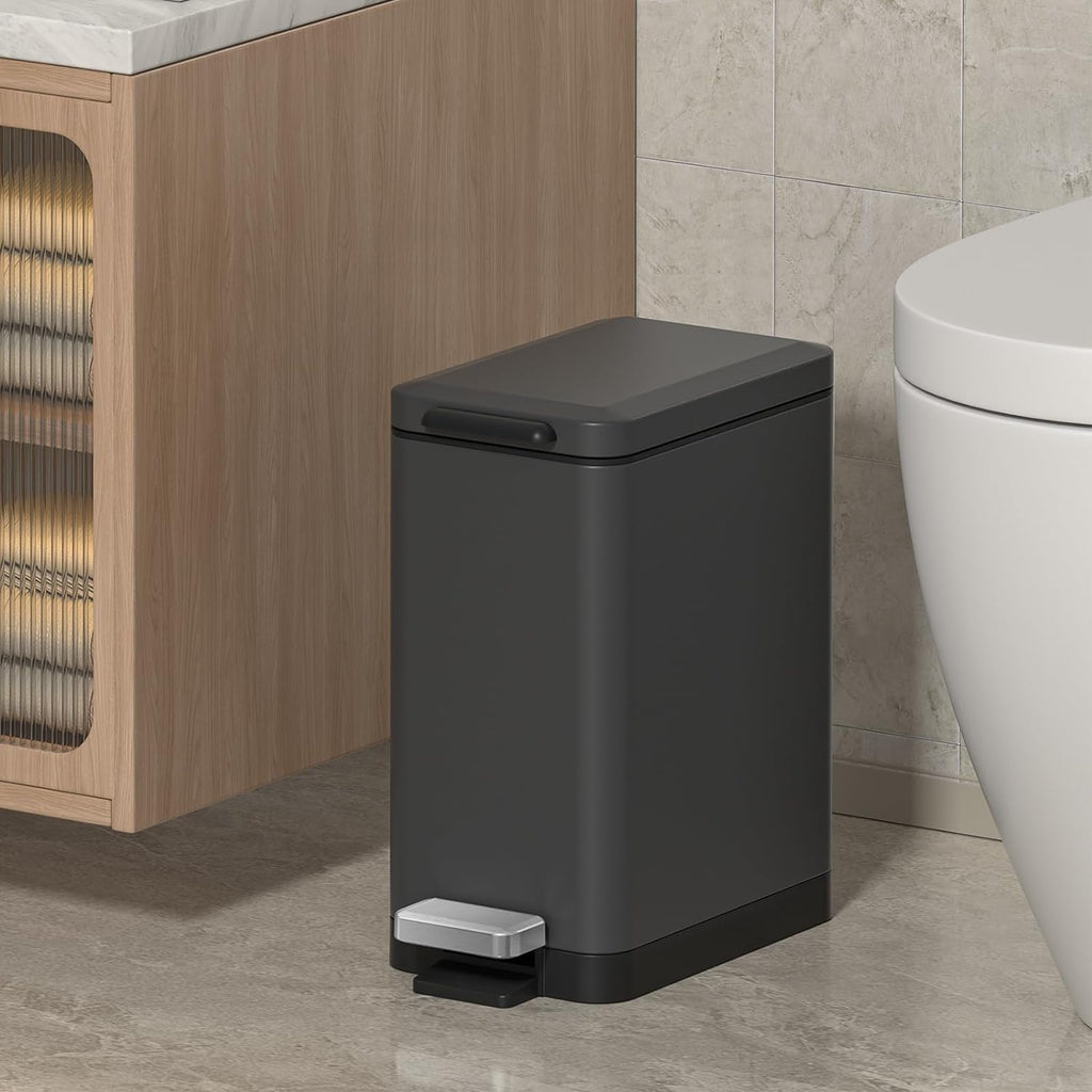 Mbillion Slim Stainless Steel Bathroom Trash Can - 10 Liter Soft Close Step Pedal | Dark Grey Wastebasket