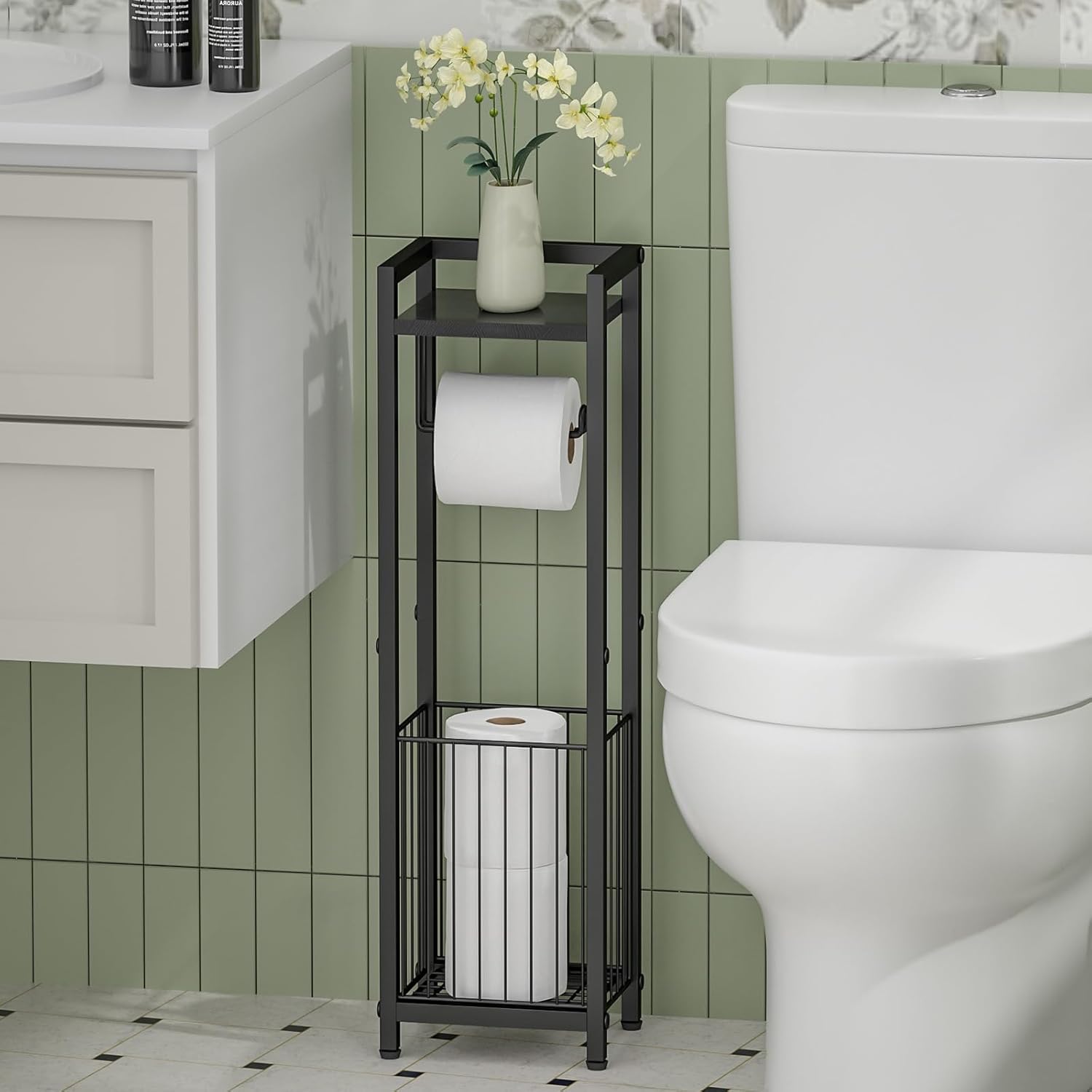 Skiennix Narrow Side Toilet Paper Holder - Freestanding Storage Rack for Small Spaces | Bathroom Tissue Organizer