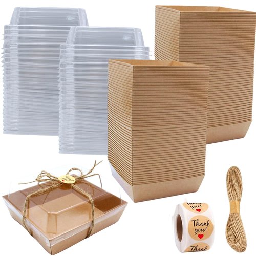 Zentriqlla 100 Pack Charcuterie Boxes with Clear Lids, Disposable Bakery Dessert Containers, Kraft Bakery Box with Twine & Stickers for Sandwich, Snacks, Cakes, Weddings, Strawberries, 5"x5"x2.6"