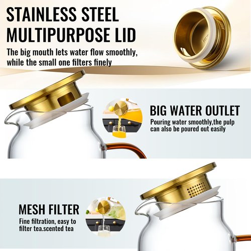 4 Pack 2 Liter/68 oz Glass Pitcher with Lid, Water Pitchers with Handle for Fridge, Large Jug for Iced Tea, Coffee, Borosilicate Glass Carafe for Hot/Cold Brew Drink and Homemade Beverage, Gold