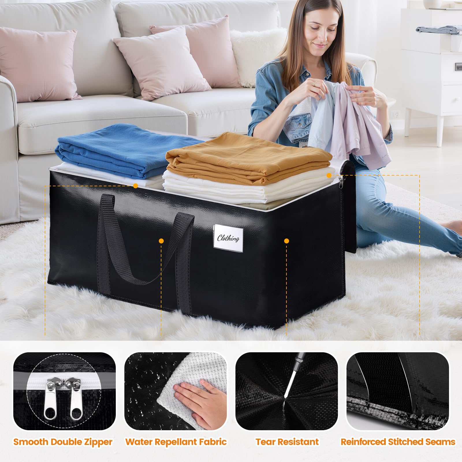 StoreHappily Heavy-Duty & Extra Capacity Moving Bags with Backpack Straps, Storage Totes with Double Zipper & Strong Handles, Packing Bags Alternative to Moving Boxes, Moving Supplies (6 Pack, Black)