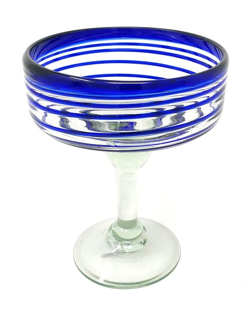 Dos Sueños Mexican Hand Blown Glass – Set of 4 Hand Blown Margarita Glasses (16 oz) with Blue Spiral Design