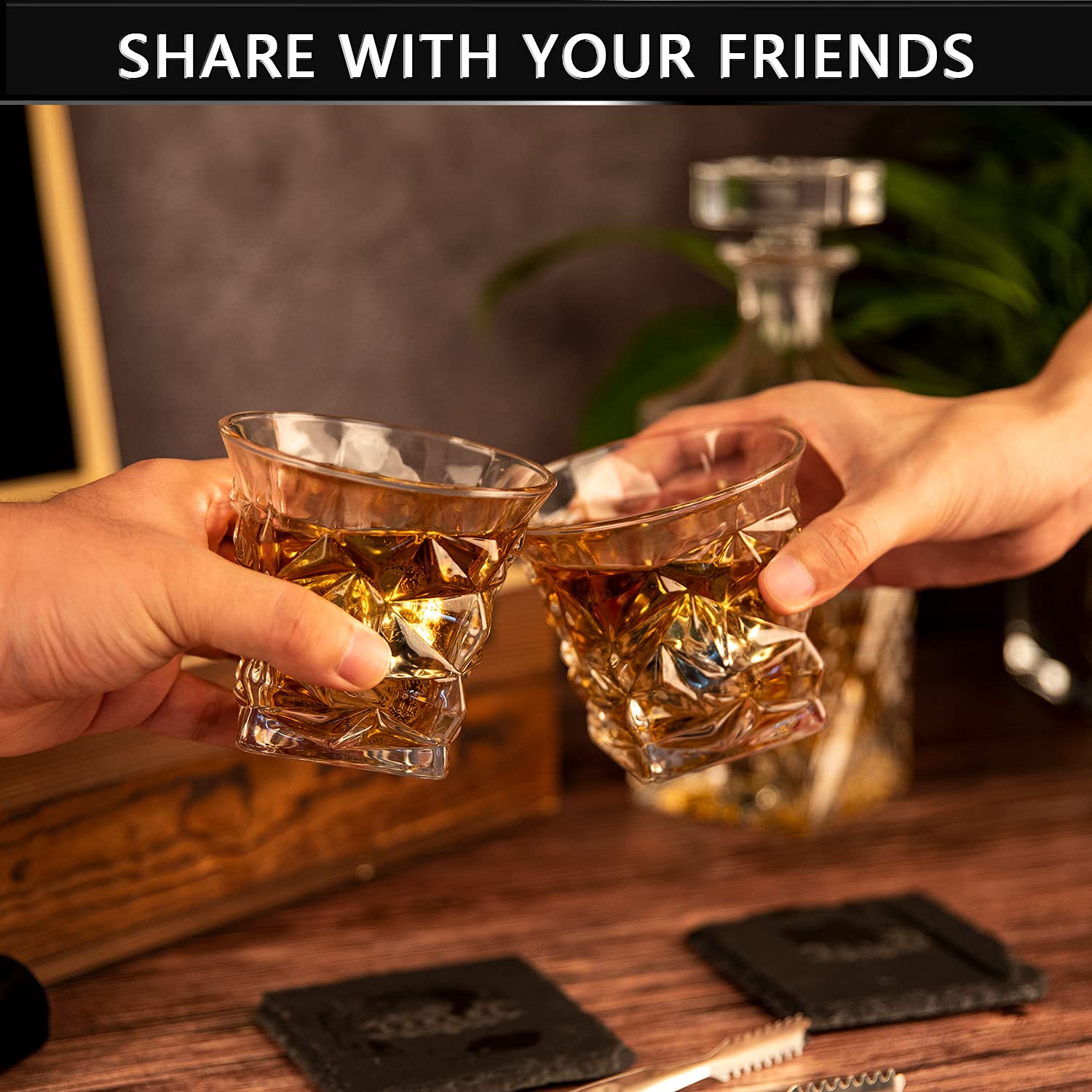 Whiskey Decanter Set, Whiskey Stones Gift Set for Men, Gifts Box with Reusable Stainless Steel Balls, Glasses, Decanter, Slate Coasters and Tongs for Dad, Boyfriend