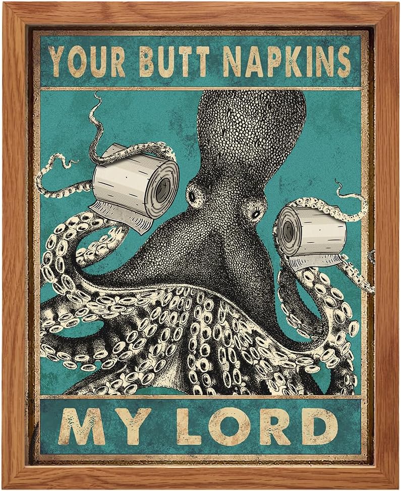 Octopus Nautical Bathroom Decor - Framed Funny Bath Picture | Beach-Themed Wall Art for Guest Bathrooms