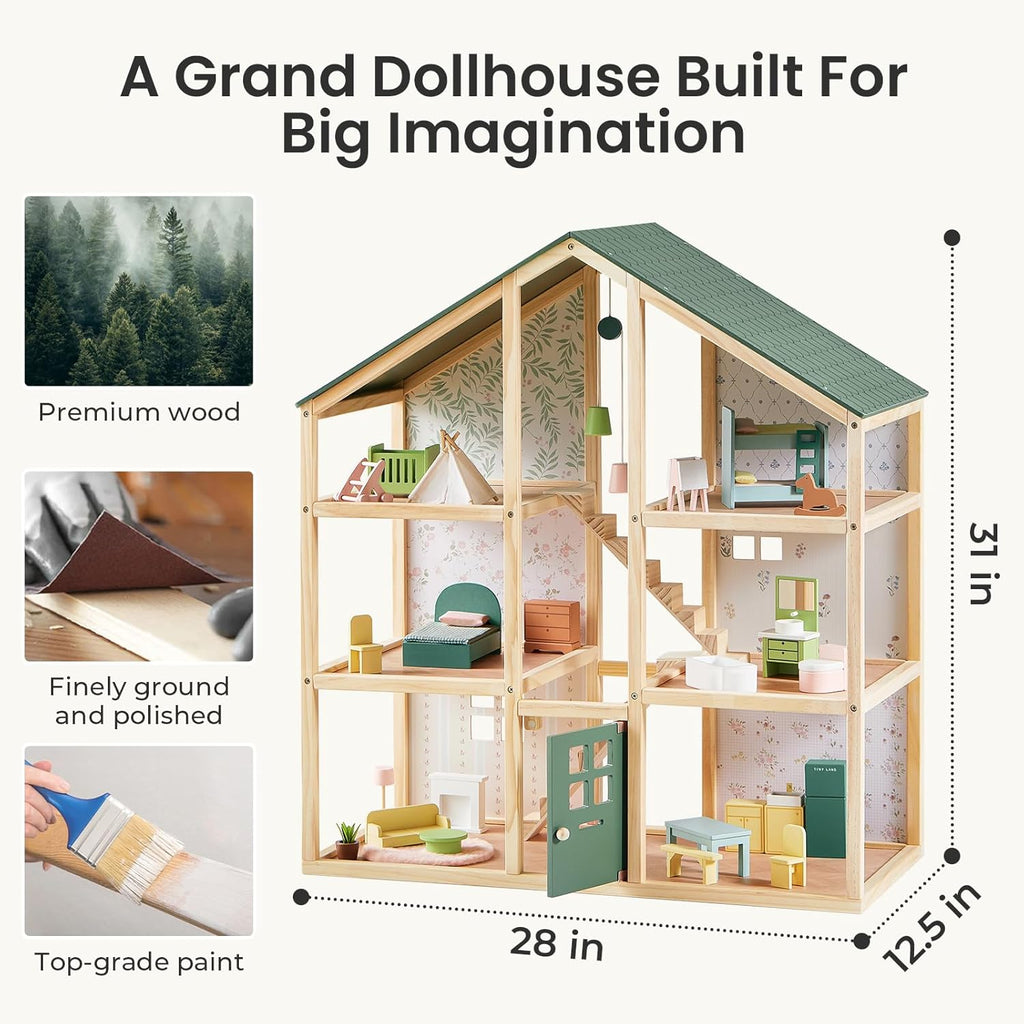 Tiny Land Wooden Dollhouse - 6 Rooms DIY Doll House with 31 Furniture Accessories | Creative Gift for Girls Ages 3+ - Green