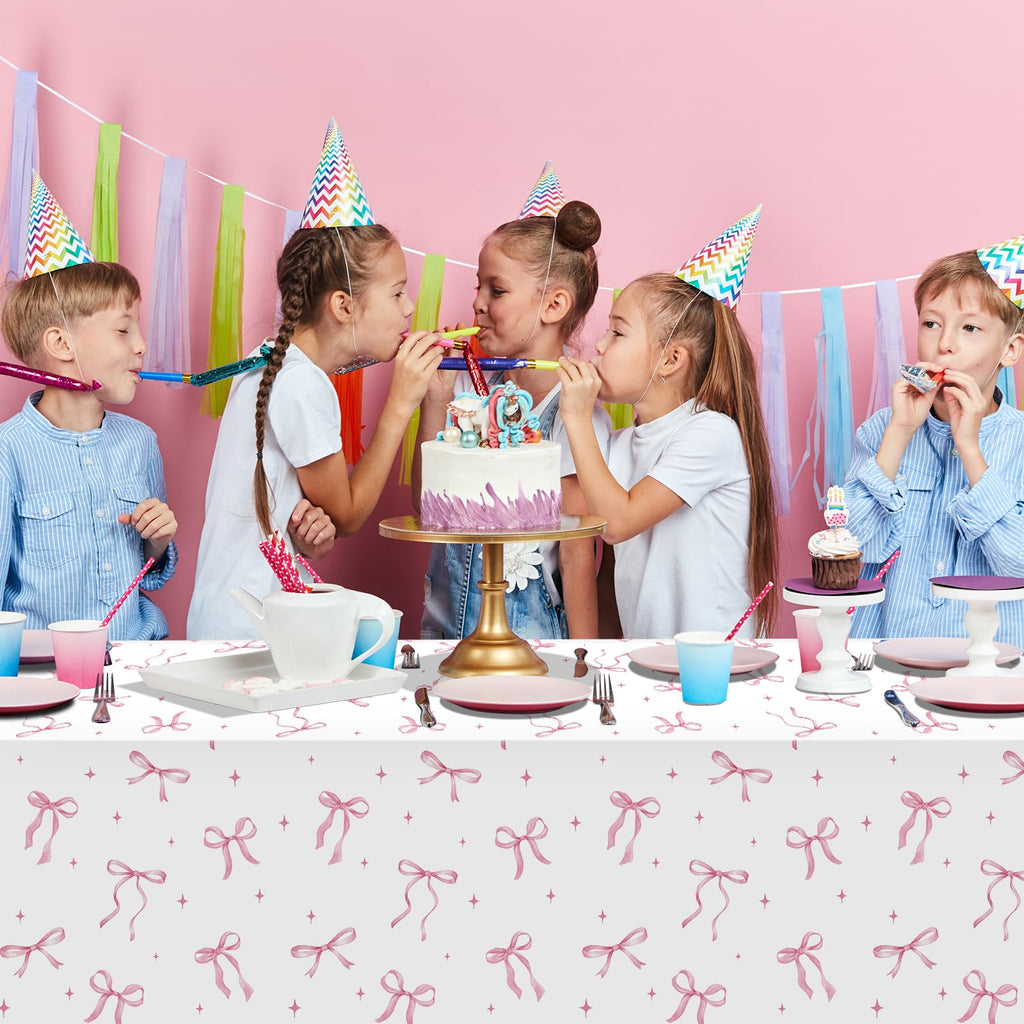 KEASKELL 3Pcs Coquette Party Tablecloths Decorations,Pink Bow Plastic Table Cover Disposable Rectangle Table Cloth for Girls Birthday Bridal Wedding Party Supplies,54x108 Inch