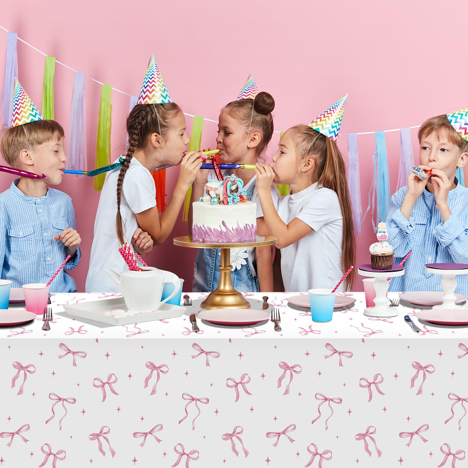 KEASKELL 3Pcs Coquette Party Tablecloths Decorations,Pink Bow Plastic Table Cover Disposable Rectangle Table Cloth for Girls Birthday Bridal Wedding Party Supplies,54x108 Inch
