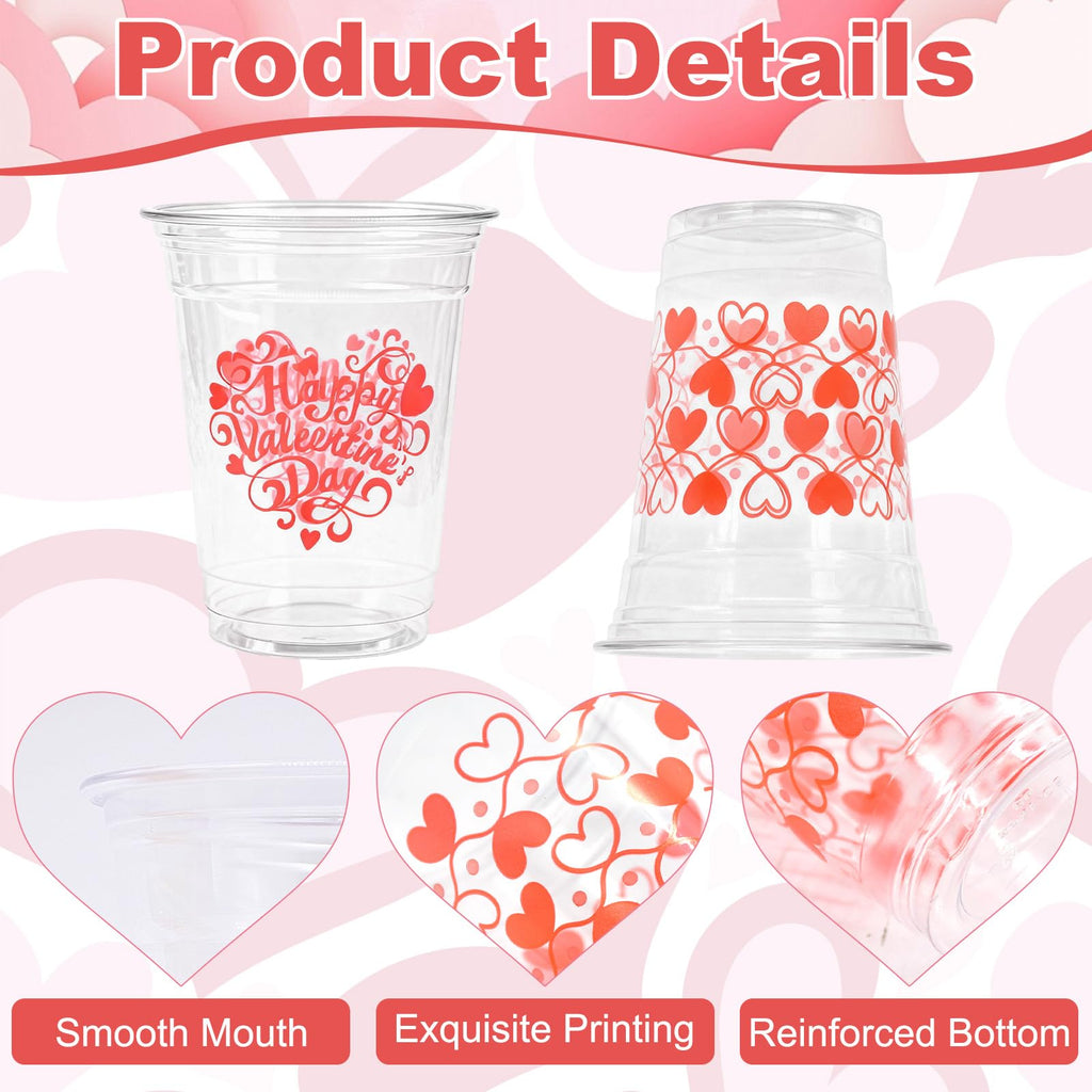 Gistome 50 Pcs 12 oz Valentine’s Day Plastic Cups, “Happy Valentine’s Day” and Heart Pattern Printed Disposable Cups, Red Love Design Cups for Beverages, Parties, Weddings, and Romantic Celebrations