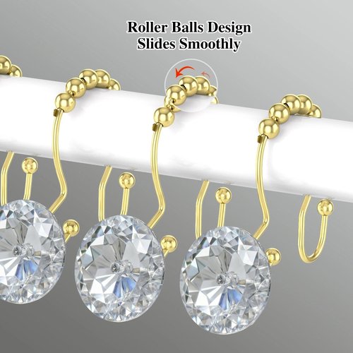 Goowin Shower Curtain Hooks, Crystal Shower Curtain Rings, Stainless Steel Gold Shower Curtain Hooks, Metal Shower Curtain Hangers, Decorative Double Shower Hooks for Shower Curtain & Liner, Gold