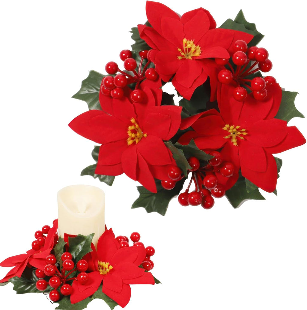 Regine Switzerland Christmas Candle Rings - Artificial Poinsettia & Red Berry Centerpieces | Holiday Decor