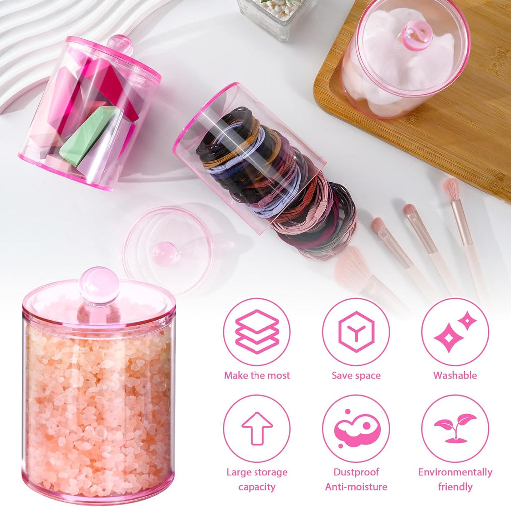 XIPENGKEJI Qtip Holder Set - 4 Pack Apothecary Jars with Lids for Cotton Swabs & Pads | 10oz-12oz Pink