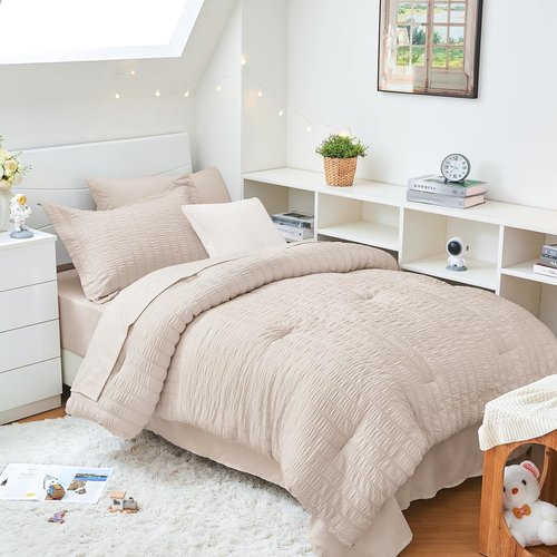 HYMOKEGE Twin XL Comforter Set - 5-Piece Seersucker Bedding Set for All-Season Luxury | Beige