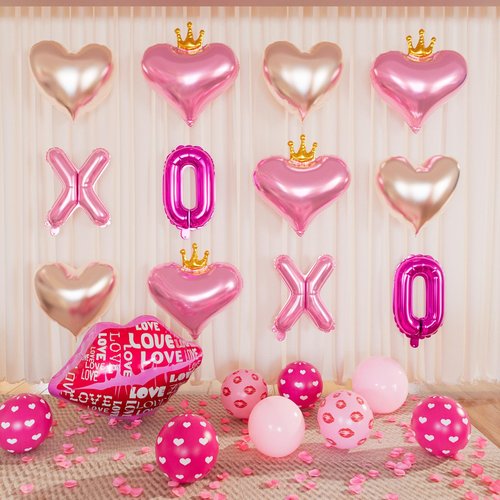 Happy Galentines Day Decorations Kit, Rose Gold Happy Galentines Banner with Heart, XOXO, Lips Foil Balloons, Rose Petals for Galentine’s, Valentines Decorations Party