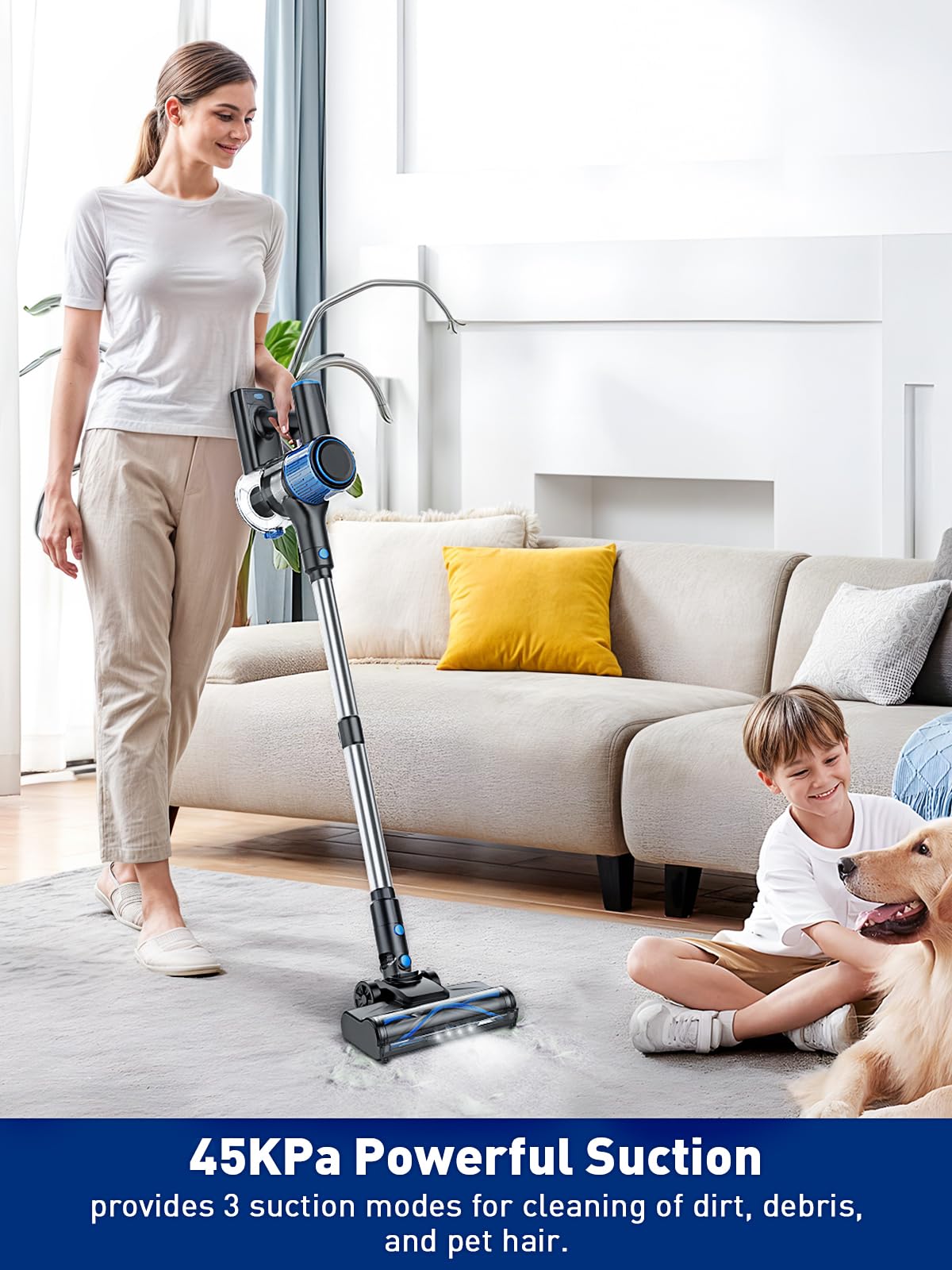 VOKENE Cordless Vacuum Cleaner, 8 in 1 Powerful Suction Lightweight Vacuum Cleaner for Home, LED Display, 3 Suction Modes, 45Mins Detachable Battery Vacuum for Hard Floor Carpet Pet Hair