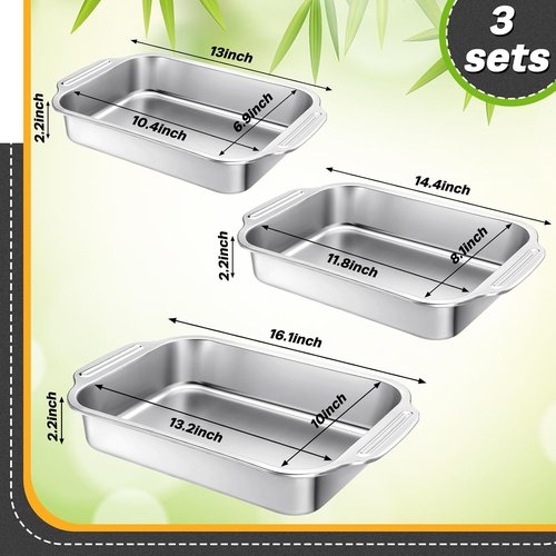Funnymoom Stainless Steel Baking Pan Set - 3 Rectangular Cake Pans (12/14/15 Inch) for Versatile Baking