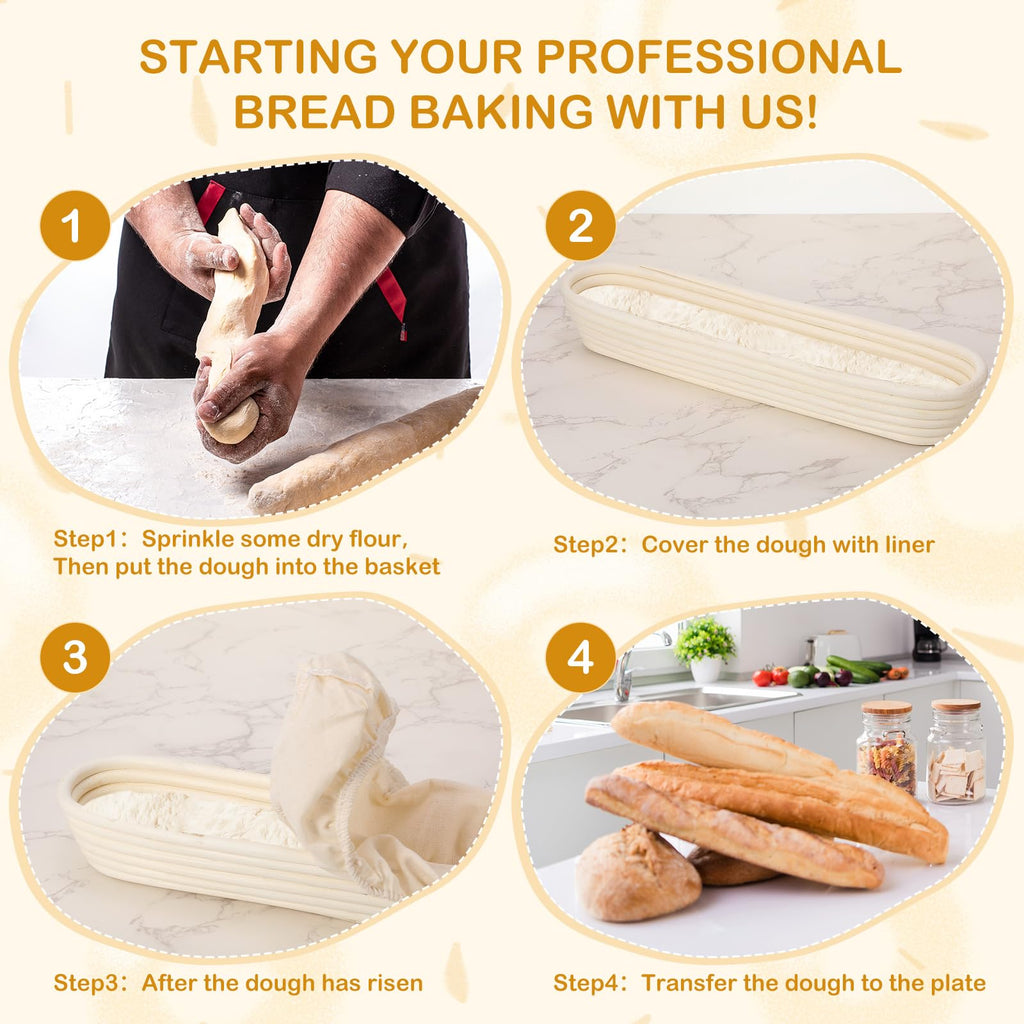Vesici 15 Inches Baguette Banneton Proofing Basket 6 Pack with Linen Liner Baguette Banneton Bread Baking Baskets Rattan Dough Proofing Baskets for Baguette, Home Bake, Bakers Supplies, Baking Gifts