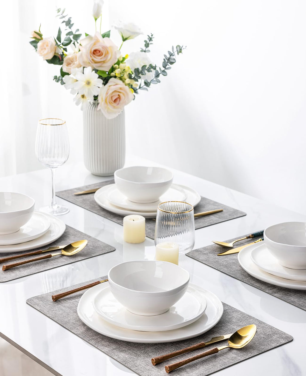 GBHOME Ceramic Dinnerware Sets for 4, 12 Pieces Porcelain Lightweight Plates and Bowls Sets, Scratch Resistant Dish Set, Oven & Microwave & Dishwasher Safe, Angel White
