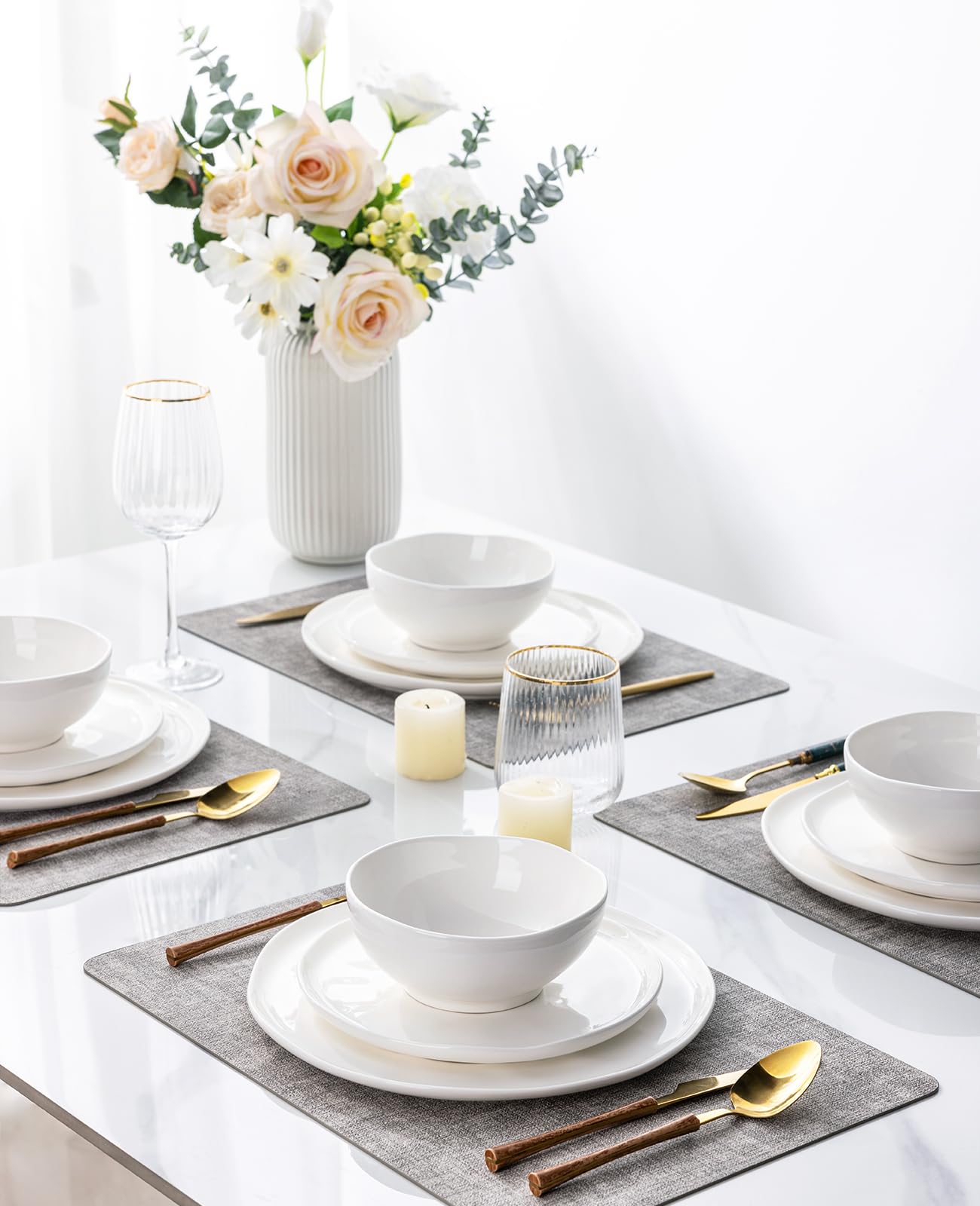 GBHOME Ceramic Dinnerware Sets for 4, 12 Pieces Porcelain Lightweight Plates and Bowls Sets, Scratch Resistant Dish Set, Oven & Microwave & Dishwasher Safe, Angel White