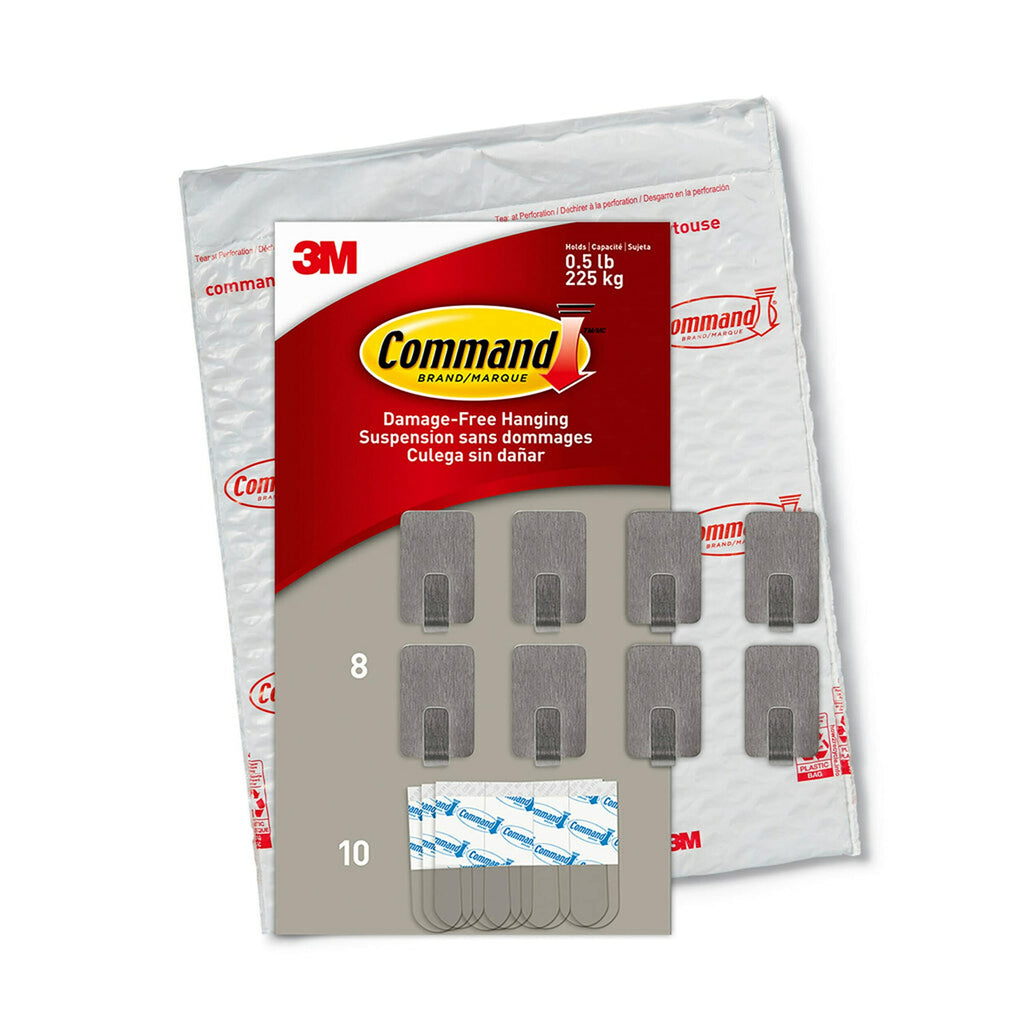 Command Small Stainless Steel Metal Hooks 8 Hooks 10 Strips Holds up to 0.5 lb Removable Self Adhesive Hooks Great for Wall Decor