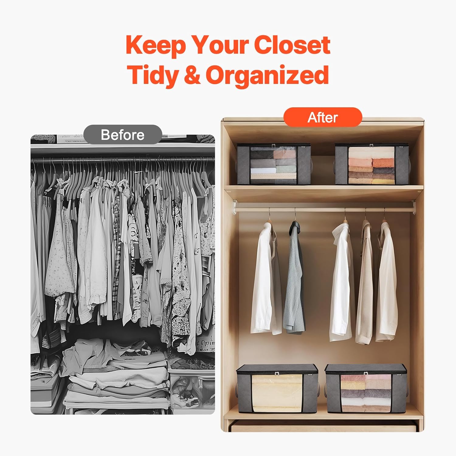 VEVOR 60L Large Storage Bags - 6 Pack Foldable Closet Organizers with Handles | Grey Non-Woven Fabric for Clothes & Blankets