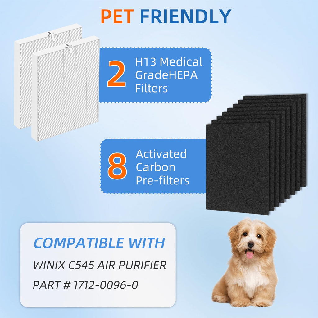 Pulluty C545 HEPA Replacement Filter S for Winix C545 Air Purifier,2 x H13 True HEPA Filters + 8 x Activated Carbon Pre-Filters,Part 1712-0096-00 and 2522-0058-00