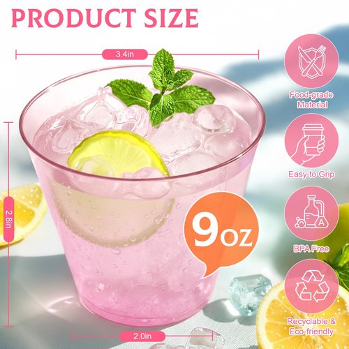 Glowserve 9 oz Clear Plastic Cups Pink Plastic Disposable Mother's Day Cups for Cocktail 50 Pack Fancy Cocktail Cup for Party Stemless Wine Glasses for Party Wedding Graduation Birthday