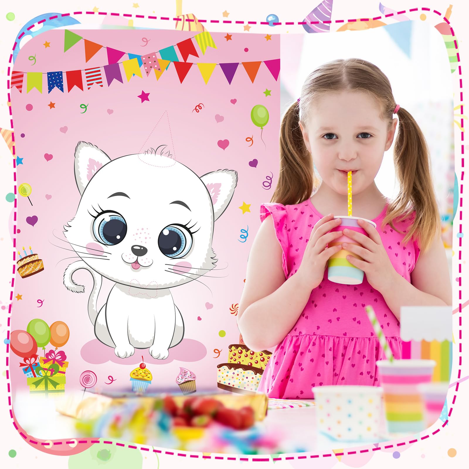 PLULON Cat Party Game for Kids Pin The Hat Bow Tie on The Cat Birthday Game Poster for Boy Girl Birthday Summer Party Favors Wall Decorations Classroom Activities