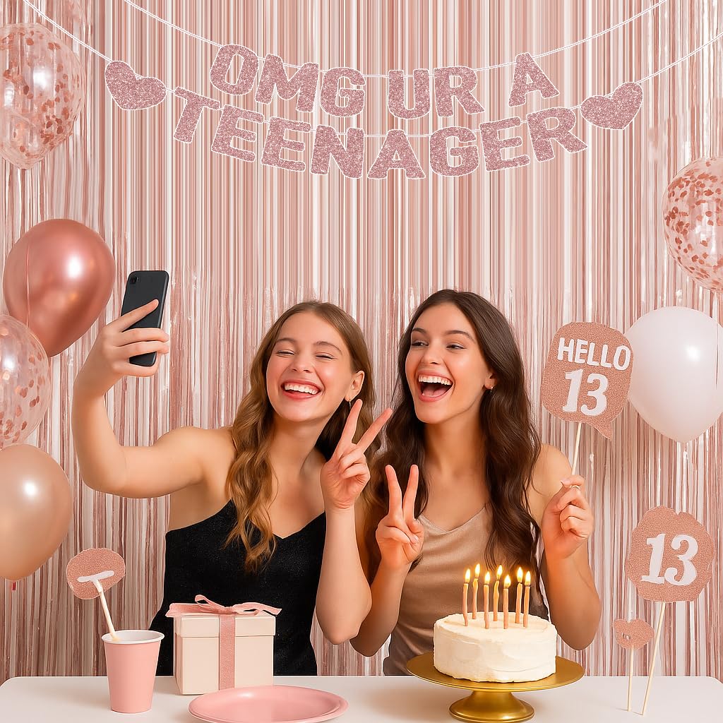 OMG UR A TEENAGER Banner – 13th Birthday Decorations for Girls, Rose Gold Glitter Happy 13th Bday Party Decor, Pre-Strung Teen Girl Birthday Decorations for 13 Year Old Girl