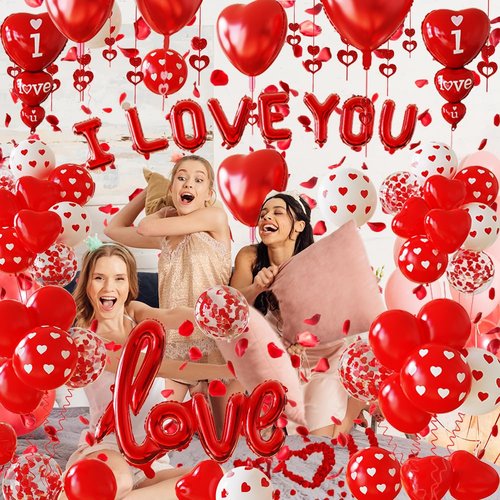 1126PCS Red Valentines Day Decorations Set, Red Heart Balloons and Love Foil Balloon,I LOVE YOU Banner,1000 Fake Rose Petals,Heart Balloon Hanging Pendant for Wedding Decor Anniversary Decorations