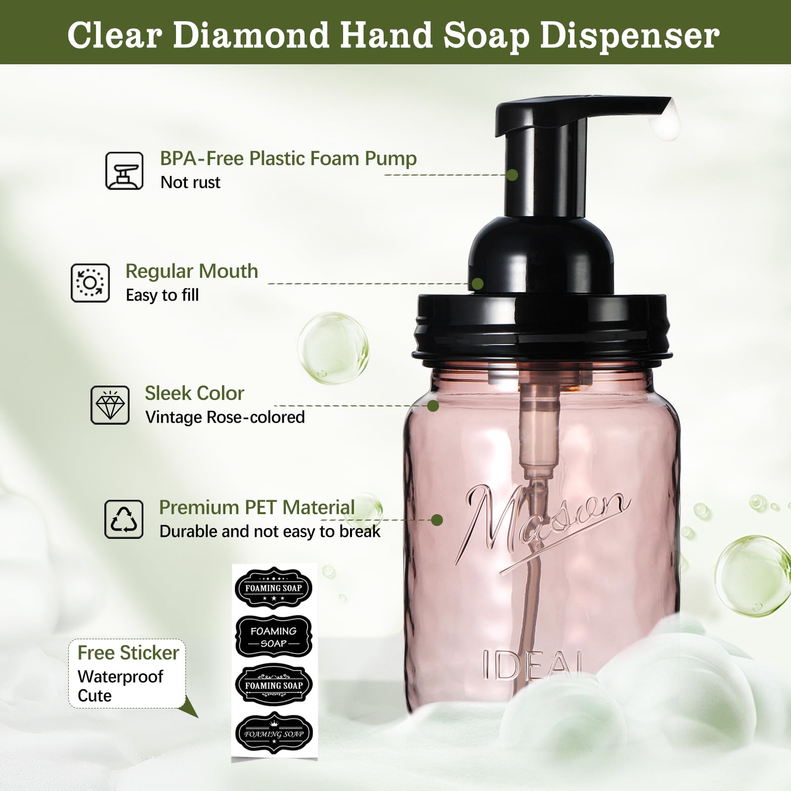 Amolliar Plastic Foaming Soap Dispenser with Pump Lid, 16Oz Refillable Foam Hand Soap Dispenser Set, Clear Dish Soap Bottles with Waterproof Lable for Farmhouse Kitchen Bathroom (2 Pack, Black)