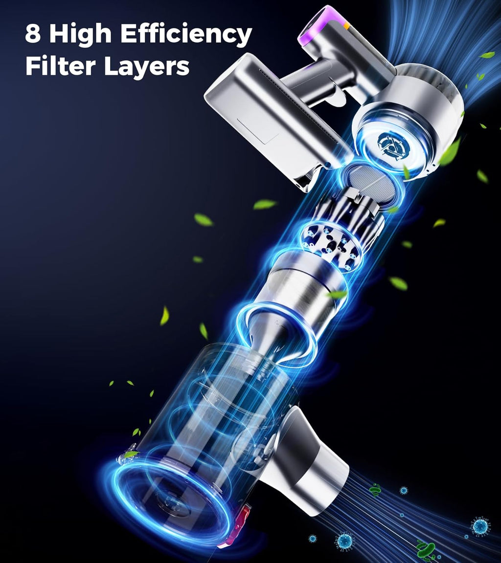 Skiennix Cordless Vacuum Cleaner - 550W 45Kpa Power | 60-Minute Runtime, LED Display, Self-Standing & Anti-Tangle Design