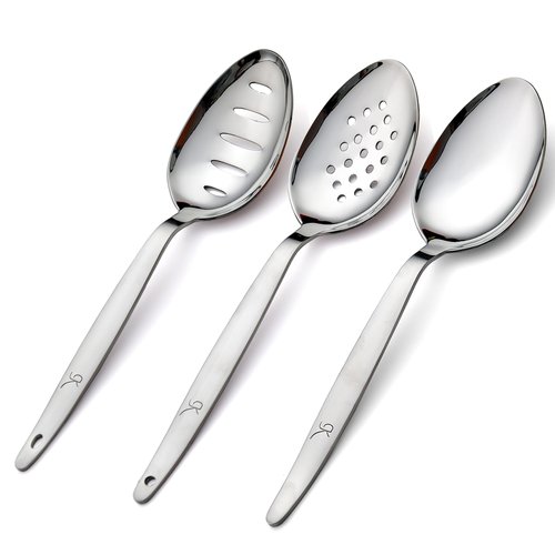 BNAZIND 3-PCS Kunz Spoon | 9 Inch 18/10 Stainless Steel Serving Spoons Set Include Serving Spoon, Slotted and Perforated Spoons, Perfect for Basting, Plating, Quenelle, Sauces (Regular Set)