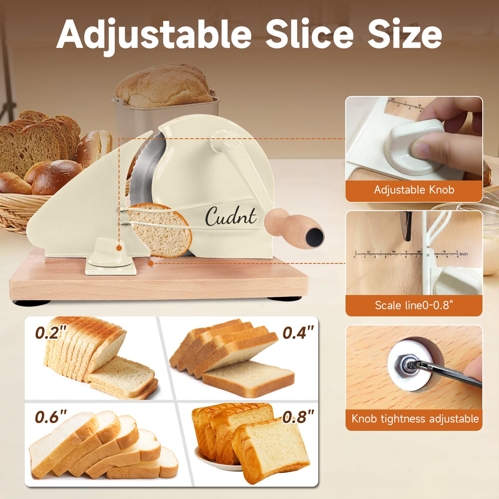 Manual Bread Slicer for Homemade Sourdough Bread, Add Metal Rails, Hand Crank Bread Slicer Machine with Scale Line and Suction Cup, Stainless Steel Blade Bread Cutter Adjustable Thickness