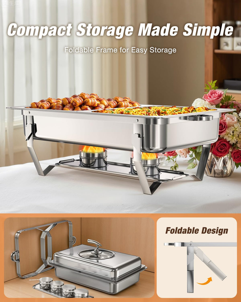 WARMOUNTS Rectangular Chafing Dishes for Buffet with Glass Lid (9QT, 2 Pack), Large Chafers and Buffet Warmers Set w/Mirror-Polished Stainless Steel, Rolled Rim, Lid Holder, Foldable Frame for Party