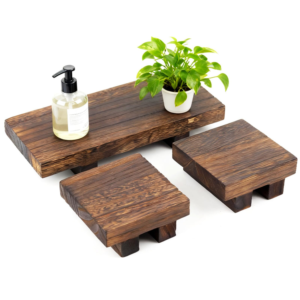 ColoBrethy 3-Piece Waterproof Pine Wood Riser Set Rustic Farmhouse Countertop Organizer for Bathroom Vanity, Perfume, Skincare & Kitchen Spices includes 1 Large (8.7") & 2 Small (3.6") Display Stands