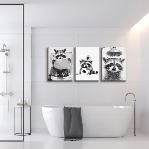 DCMVJHZV Funny Bathroom Wall Art - Cute Raccoon Canvas Prints | Modern Black & White Decor (12"x16", 3 Pcs)