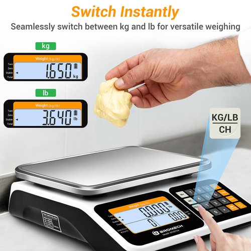 BROMECH Commercial Food Scale 66lb/30kg, High Precision Digital Price Computing Scale for Farmers Marke, Deli, Dual Backlit LCD Display, Stainless Steel Platform, Rechargeable Battery for Produce Meat