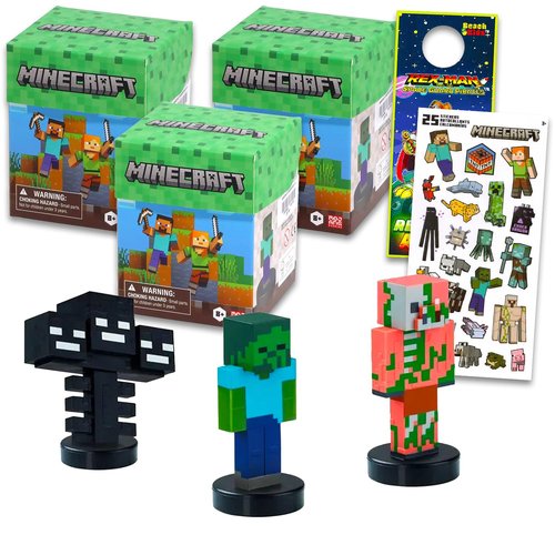 Minecraft Blind Box Set for Kids - Bundle with 3 Stamper Mini Figure Blind Boxes Plus Stickers, More | Minecraft Figurine Toy Party Favors for Boys, Girls