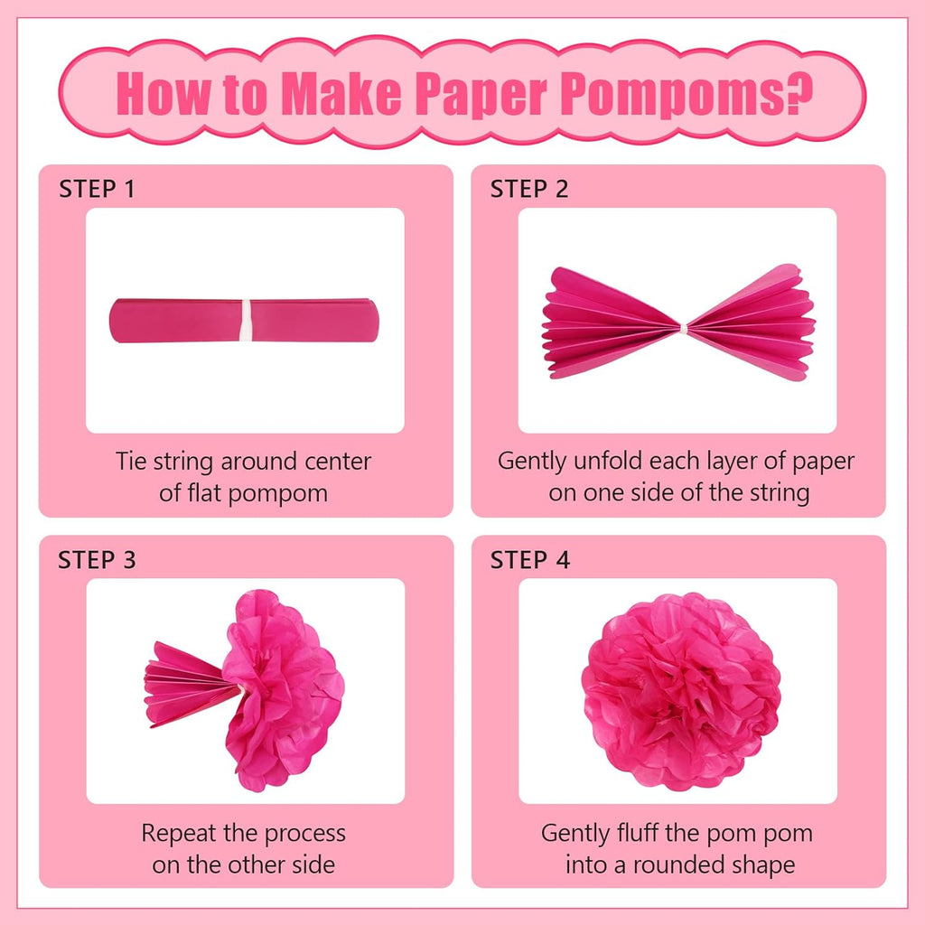 Skiennix 19 Pcs Pink Party Decorations - Light Hot Pink Hanging Lanterns & Tissue Pom Poms for Birthdays & Weddings