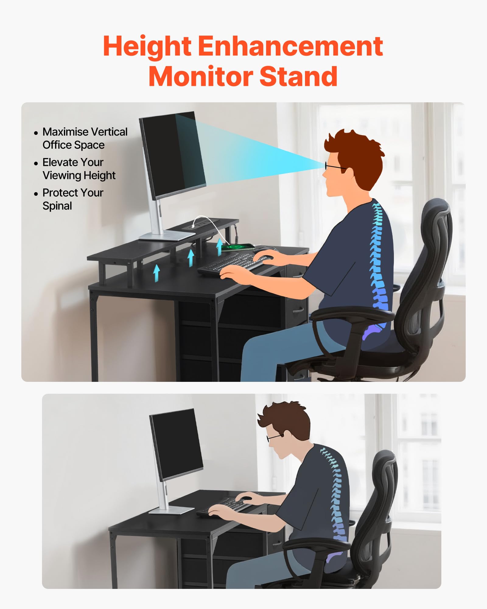 VEVOR 47" Computer Desk with LED Lights & Power Outlets, Gaming Table with 4 Large Drawers, Office Desk with Monitor Stand, Study Work Home Office, Small Spaces, Black