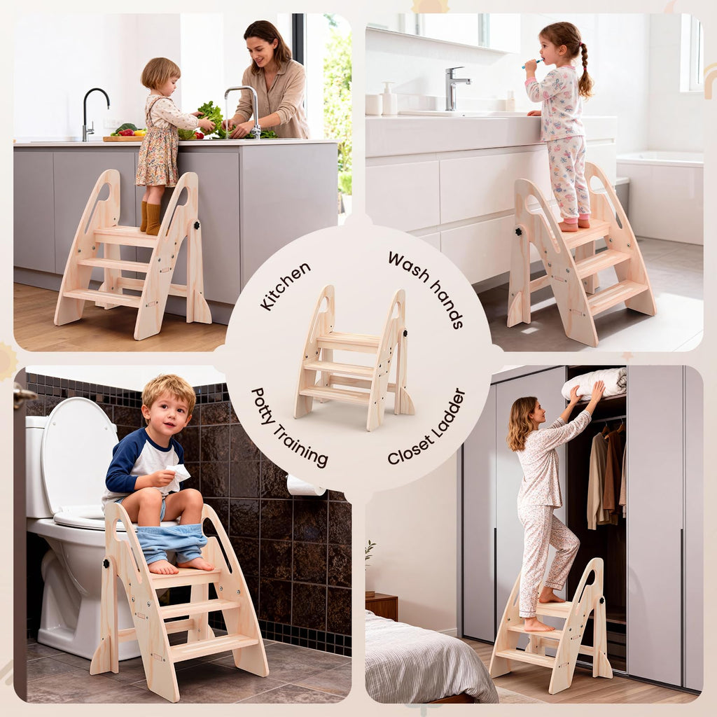 Toddler Step Stool, Wooden Foldable 3-Step Stool for Kids, Potty Training Stool with Handles and Non-Slip Strips for Bathroom Sink, Kitchen, Bedroom