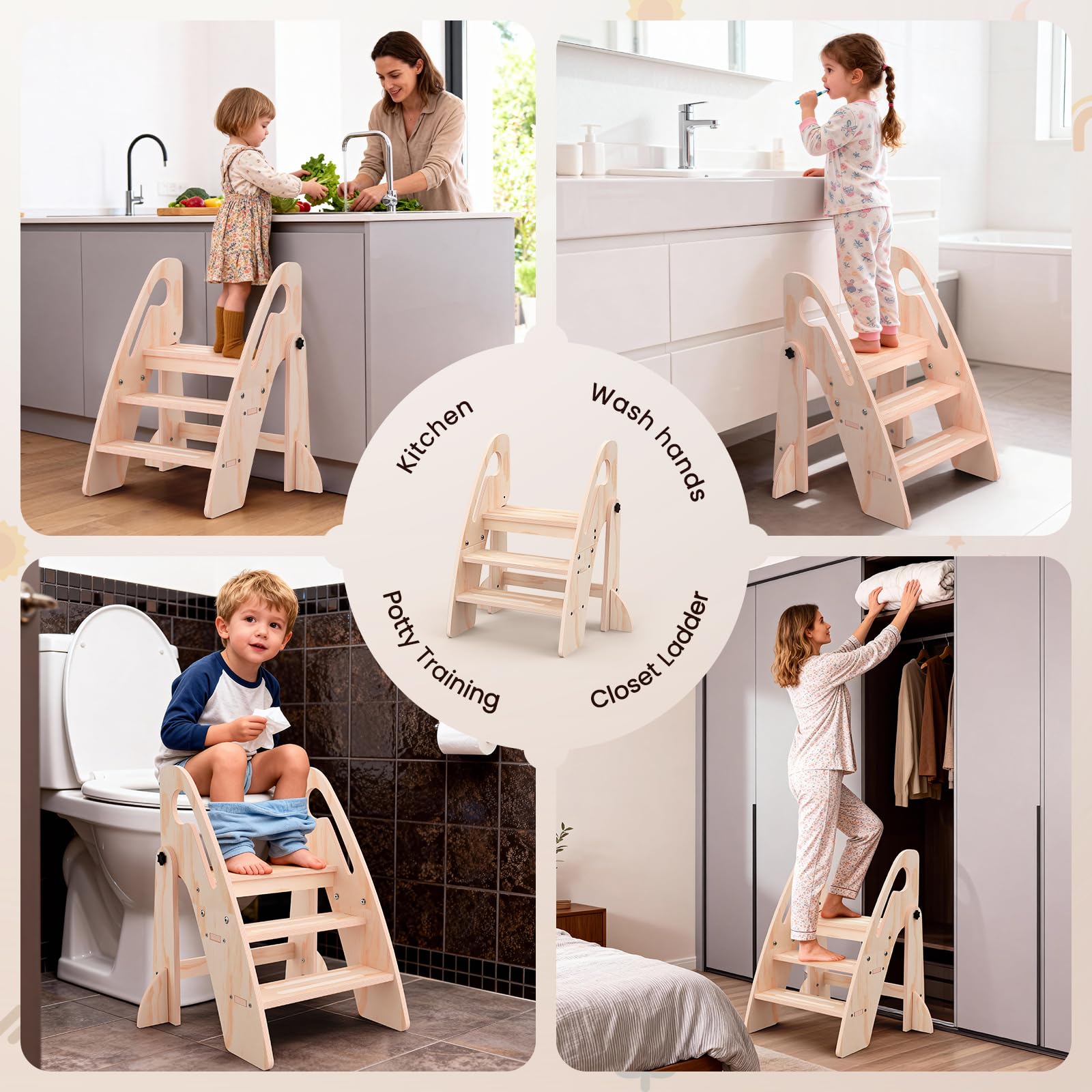 Toddler Step Stool, Wooden Foldable 3-Step Stool for Kids, Potty Training Stool with Handles and Non-Slip Strips for Bathroom Sink, Kitchen, Bedroom