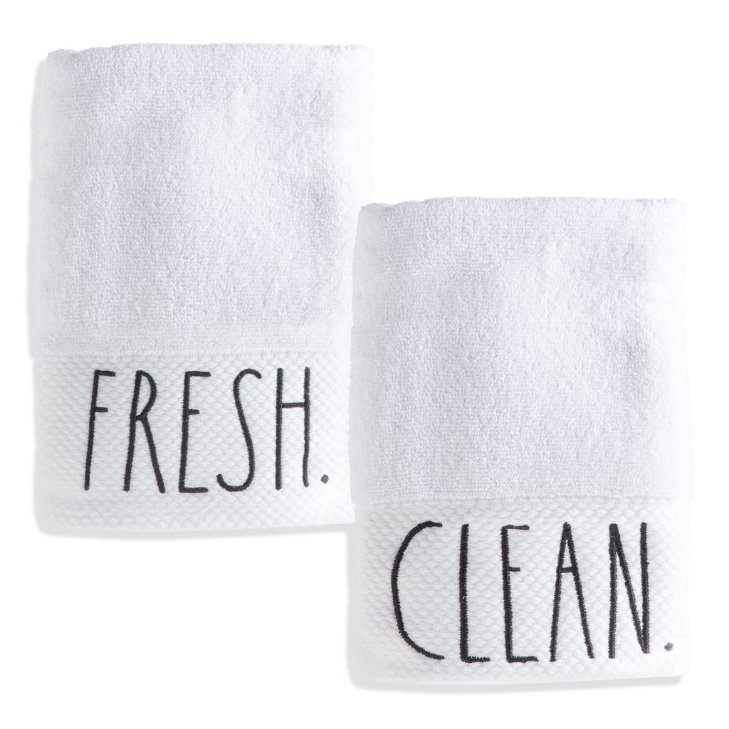 Rae Dunn Hand Towels, Embroidered Decorative Hand Towel for Kitchen and Bathroom, 100% Cotton, White- Fresh/Clean, 16"x 28"