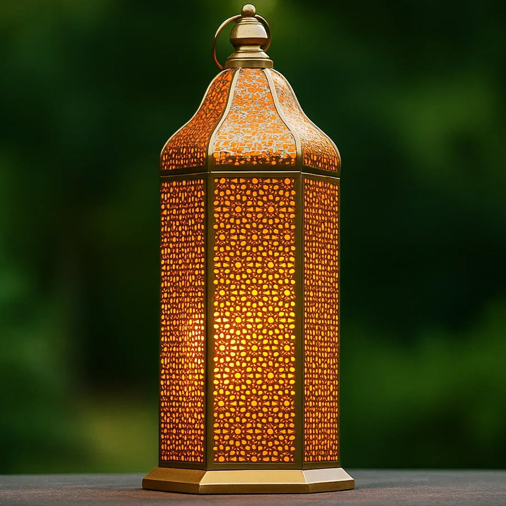 VELA Lanterns 16" Champagne Gold Moroccan Candle Lantern - Elegant Metal Hexagon for Table or Hanging Decor
