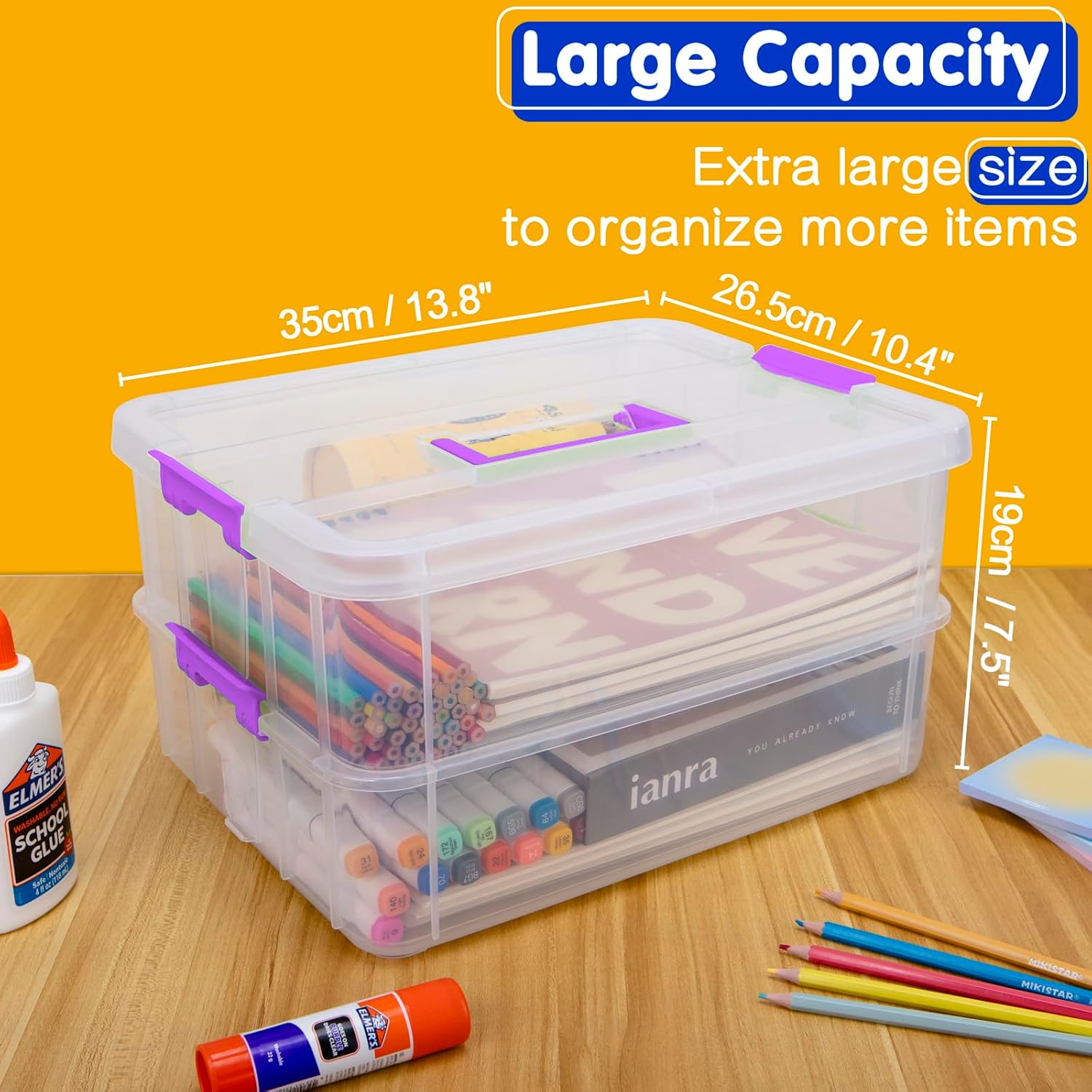 TERGOO 2-Layer Plastic Storage Containers - Clear Stackable Craft Organizers | Portable Bin for Art, Sewing & Makeup (Purple)